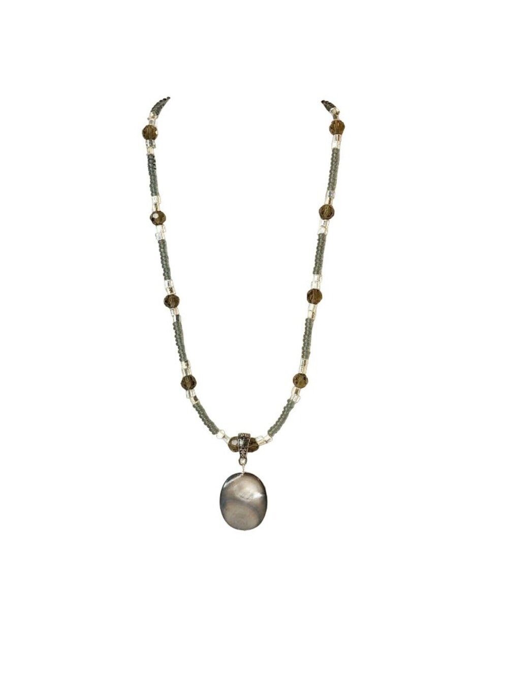 Handcrafted Beaded Necklace With Smoky Glass Beads & Shell-like Pendant